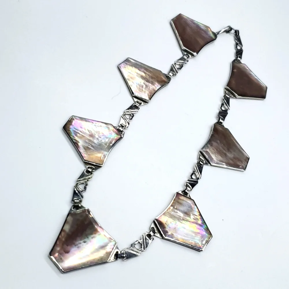 Vintage 70s Abalone Shell Silver Choker Necklace